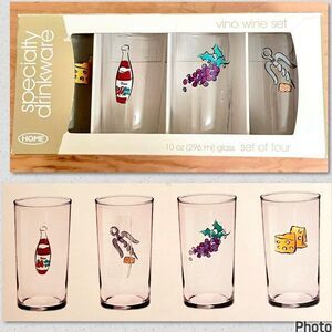 NWT HOME Speciality Drinkware set of 4 Graphic Tall vino theme wine 10oz Glasses